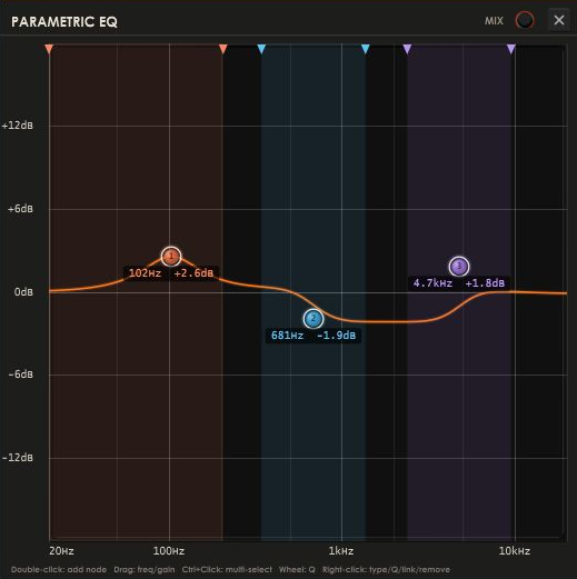 VisualComp 2.45 parametric EQ with three colored frequency bands and an EQ curve