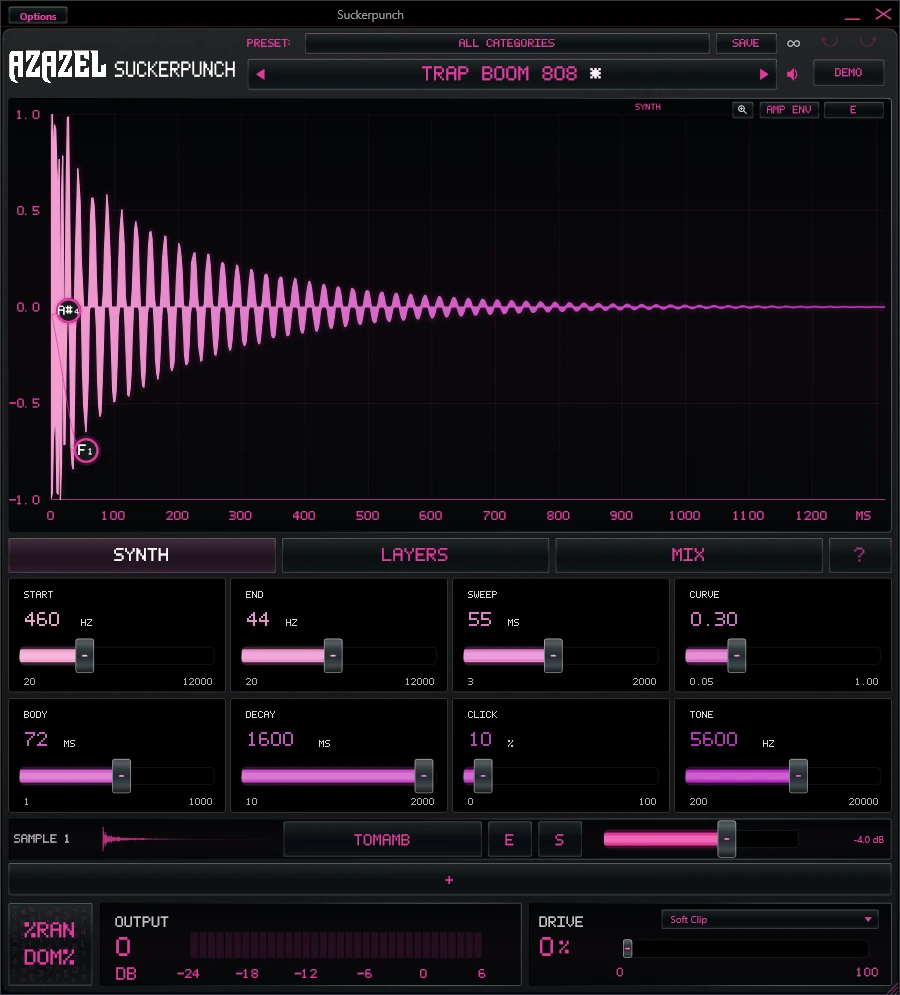 Suckerpunch 1.0.125 standalone interface showing pitch nodes, synthesis controls and a sampler layer