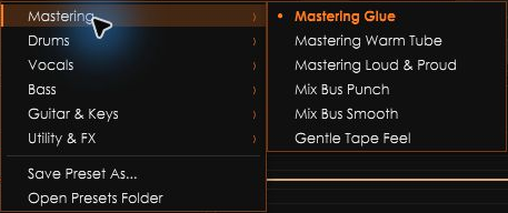 VisualComp 2.45 factory preset browser with Mastering, Drums, Vocals, Bass, Guitar and Keys, and Utility and FX banks