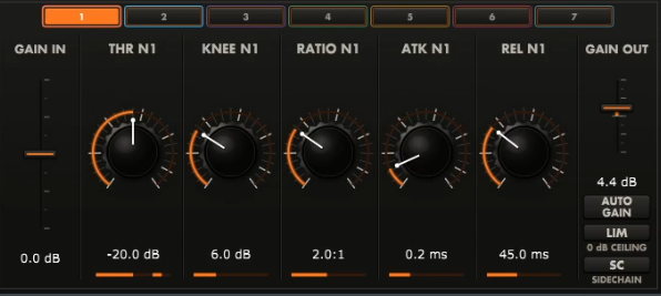 The VisualComp dynamics row: Gain In, Threshold, Knee, Ratio, Attack, Release, Gain Out with Auto Gain, LIM and SC buttons