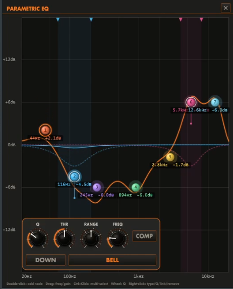 The docked parametric EQ panel showing the frequency graph and eight node slots