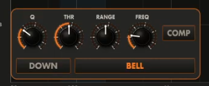 The per-node multiband dynamics popup showing Q, Threshold, Range and Frequency knobs with COMP link, DOWN direction and BELL filter type