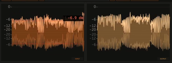 VisualComp input and output waveform displays with the dashed threshold line drawn across the signal